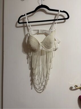 💜 Small Ivory Pearl Fringe Bra with Adjustable Straps